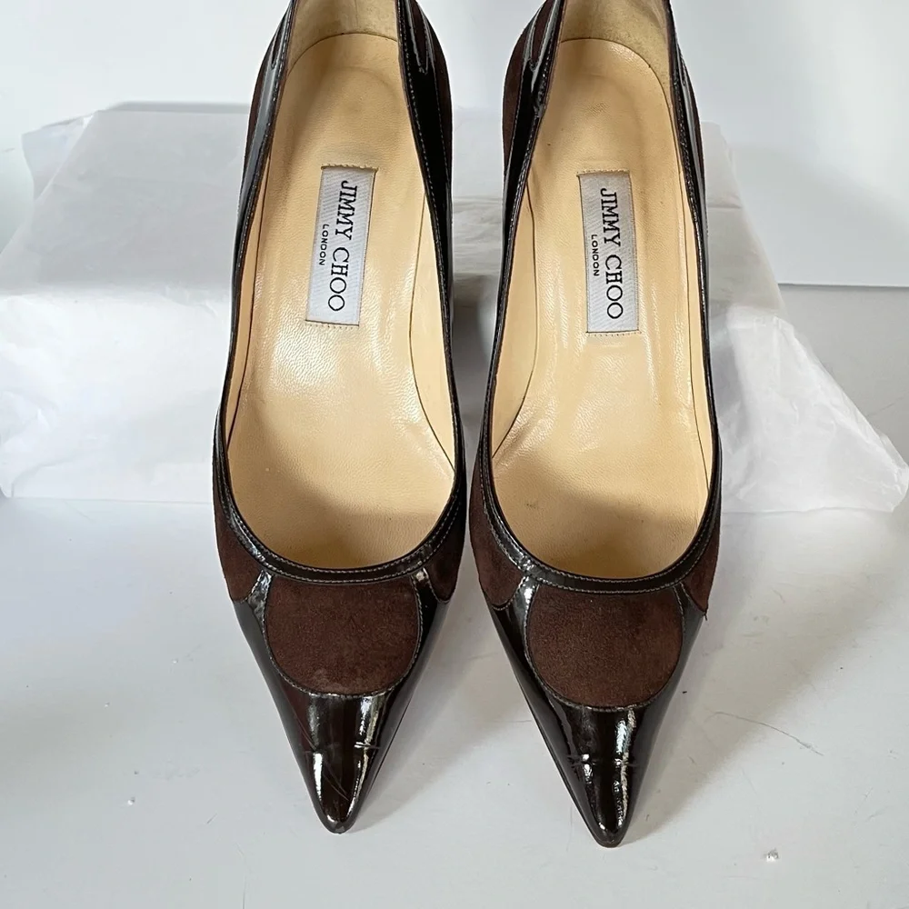 Jimmy Choo brown suede patent leather kitten heels 37.5